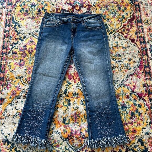 Y2K vintage western style cowgirl low rise fringe trim stretchy CROPPED  jeans - Picture 1 of 4